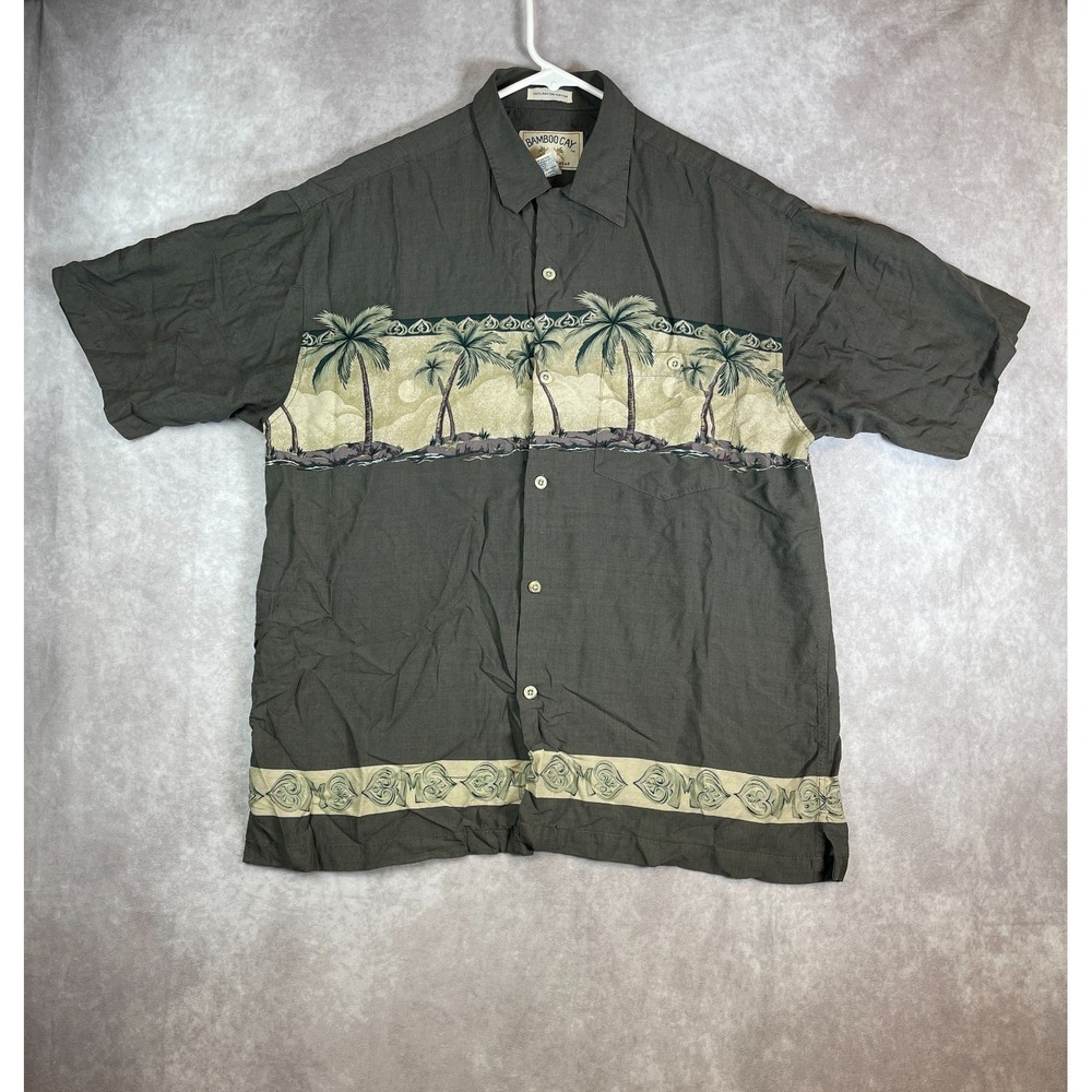 Bamboo Cay Shirt Mens Medium Gray Palm Tree Button Up Rayon Hawaiian Floral